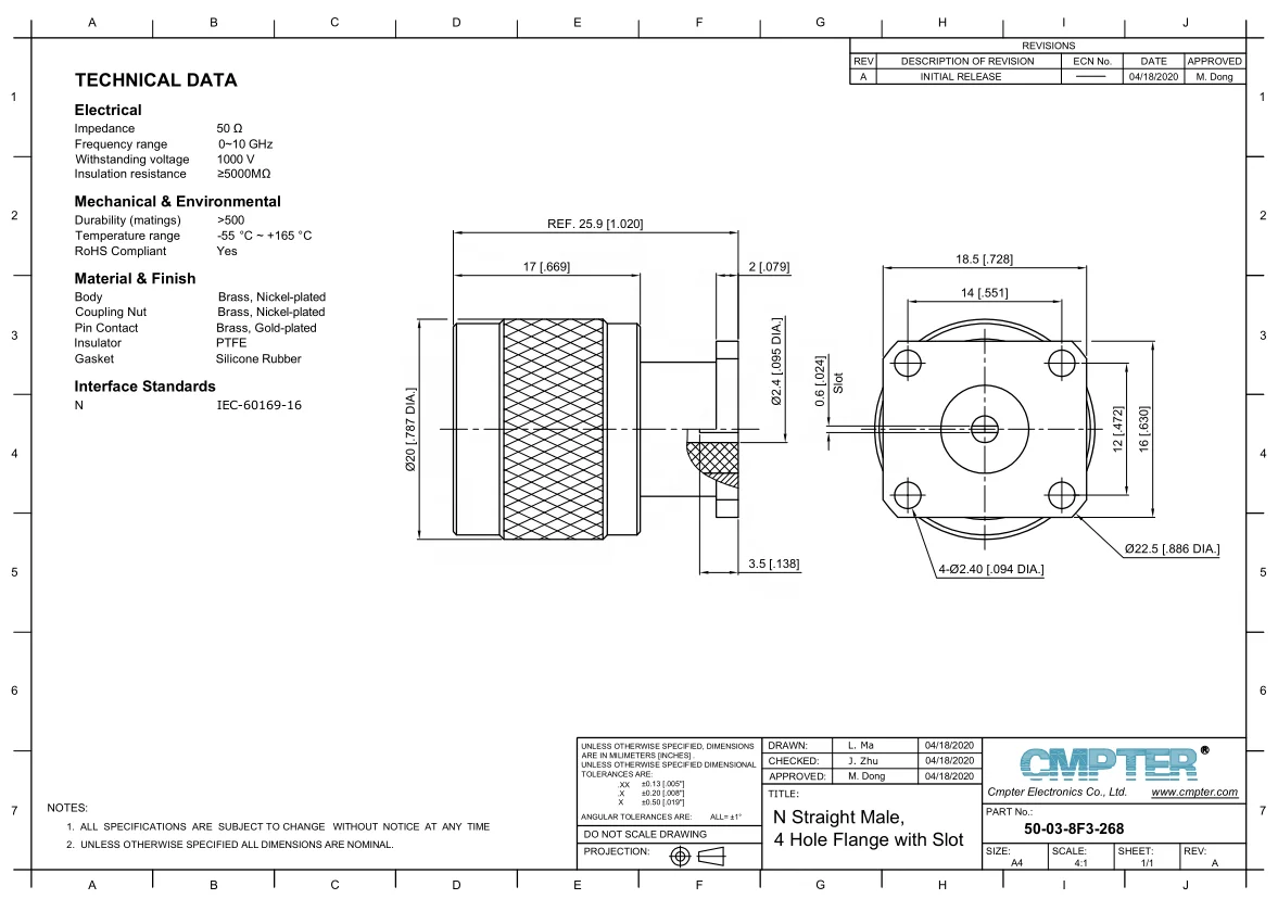 10GHz N Plug Male coaxial rf connectors, 4 Hole Flange with Slot