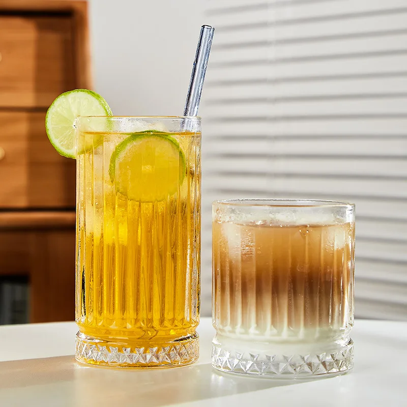 Ribbed Juice Water Drinking Cup Vertical Striped Borosilicate Hand Cut Ripple Tumble Round Whisky Glass Mug Beer Cup