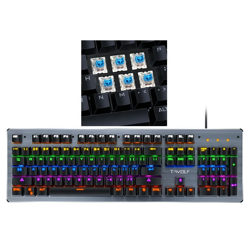 
T-wolf T70A USB Backlit Wired Anti-Ghosting Blue Switch keycaps Mechanical Keyboard Gaming For Computer 