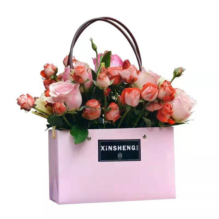 Portable Flower Basket Custom Flower Bouquet Bags Brown Carrier Waterproof Flower Art Paper Bags With Handle