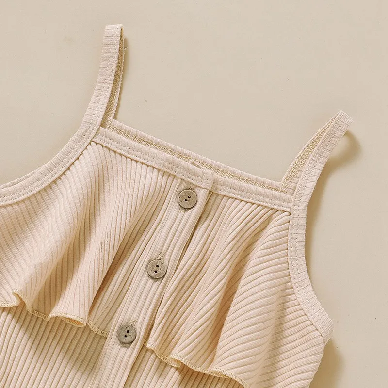  New Summer Toddler Kids Sleeveless Solid Color 100% cotton Ruffles Suspender Ribbed Cotton Baby Girl Clothes