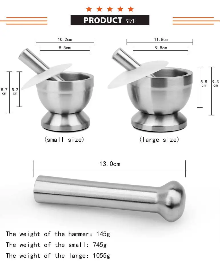 Kitchen Herb and Spice Tools 18/8 Stainless steel Spice Herb Grinder for Kitchen Prep Tools Mortar and Pestle Sets