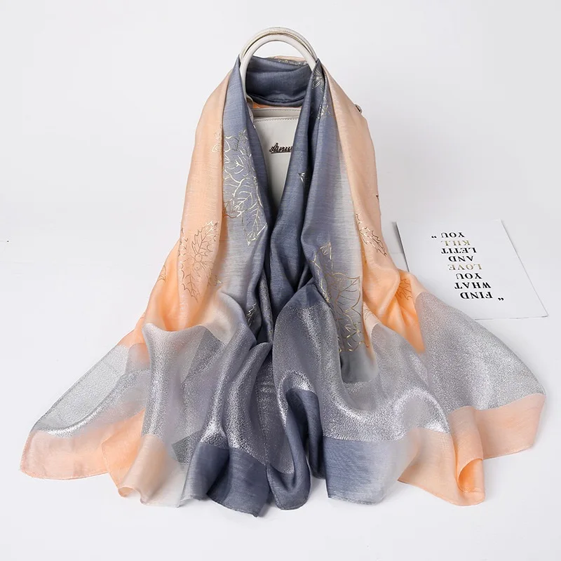 Fashion Malay Tudung Bawal Ladies Satin Silk Gold Stamping Hijab Scarf Double Color Stitching Headscarf Shawl