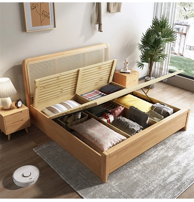 Nordic Solid Wood Rattan Simple French Japanese Style Bed Bed Room Furniture Hotel 1.8m Double Bed