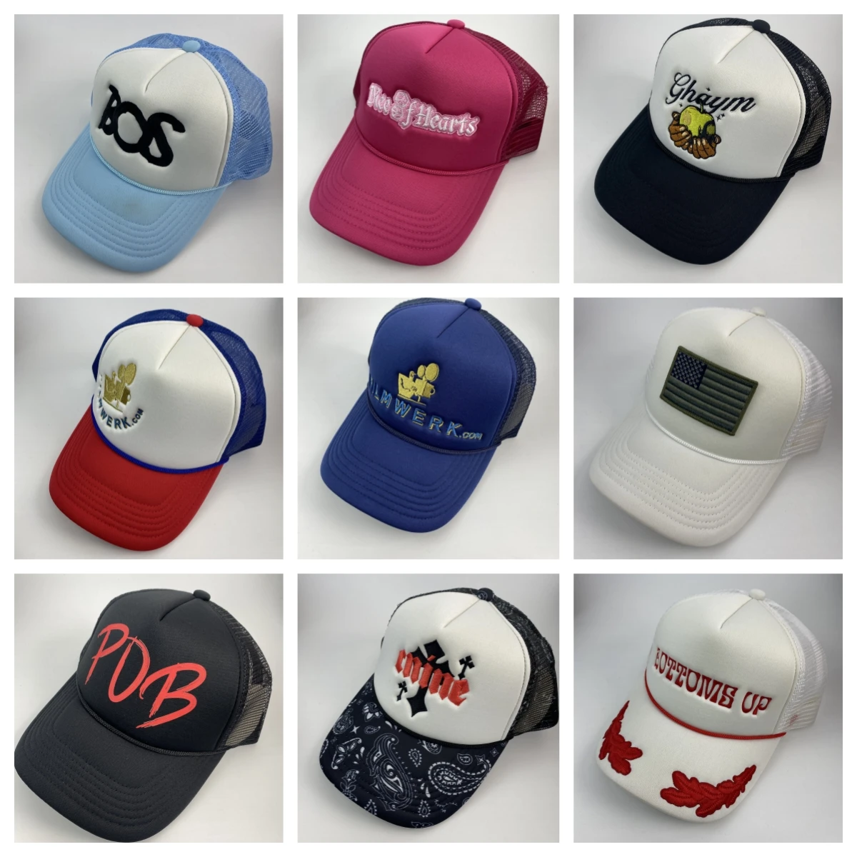 HN0001  5 panel high quality sports embroider printing logo custom cap mesh foam trucker hat with rope blank