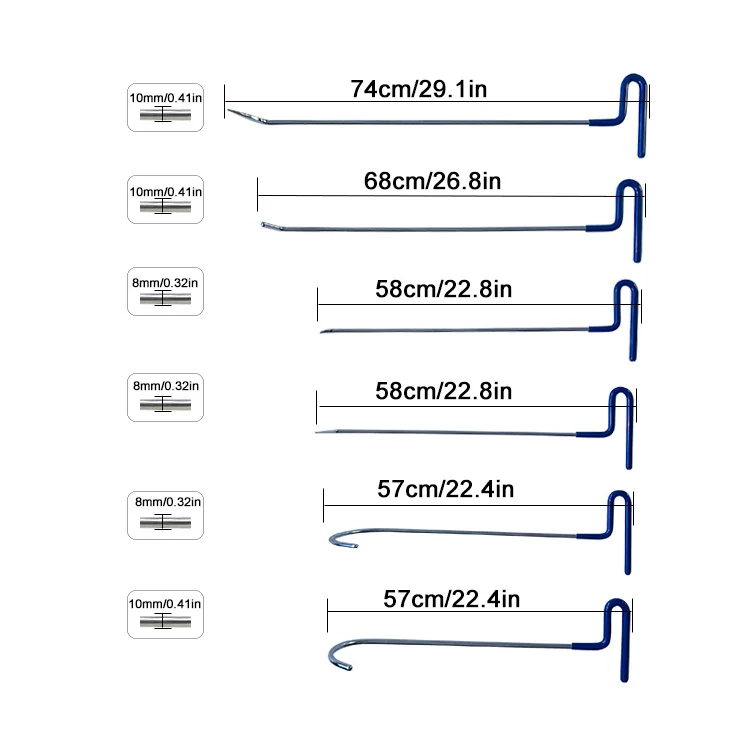 Blue 13PCS Auto Body PDR Hail Puller Thick Strong Crowbar Repair Tools Rod Hooks Car Dent Repair Kit