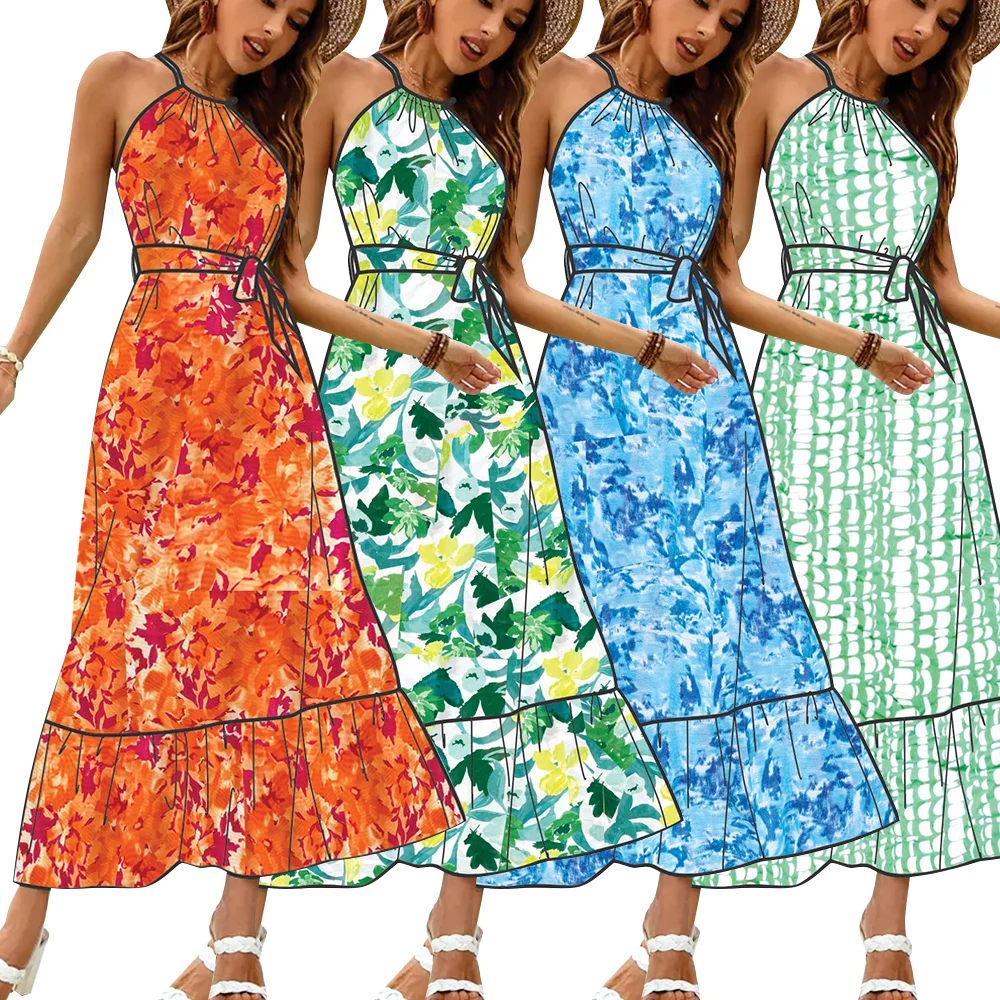 Custom Tropical Print Belted Ruffle Hem Fashion lady Dress,OEM Factory price Vestidos Para Mujer Women long Dress