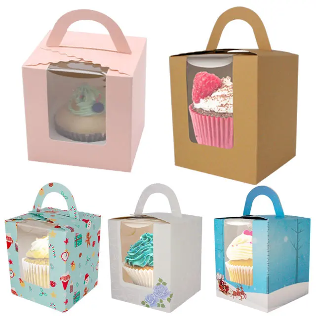 Christmas Cupcake Boxes Individual Cupcake Carrier with Window Insert and Handle Pastry Cake Containers for Bakery Wrapping