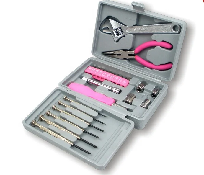 25pcs Hot sale promotional  mini pink tool set gift hand repair household set with plastic box
