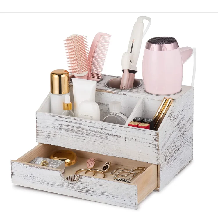 Hot sale bathroom vanity countertop storage with drawers white wood adjustable hair dryer holder