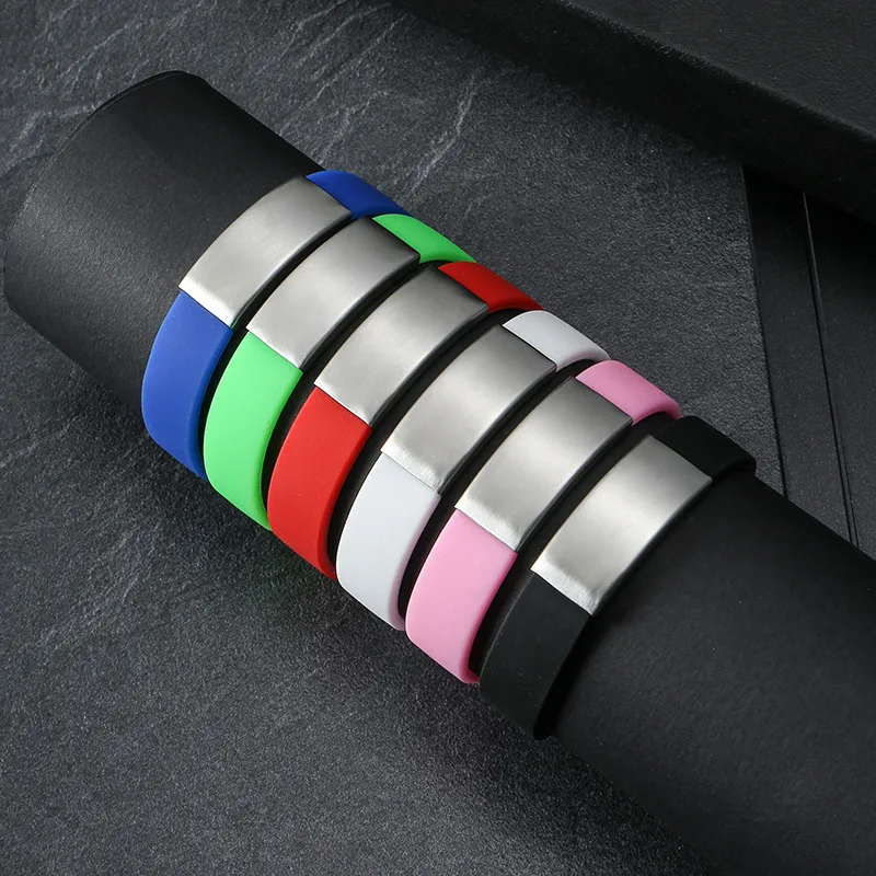 Environmentally Friendly Custom Ajustable Belted Bangles Colourful Carve Silicone and Stainless Steel Letter Bracelet