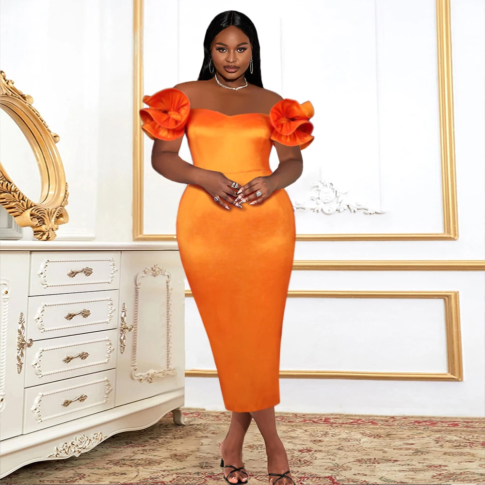 Sexy Party Floral Off Shoulder Orange Women Evening Factory Dress