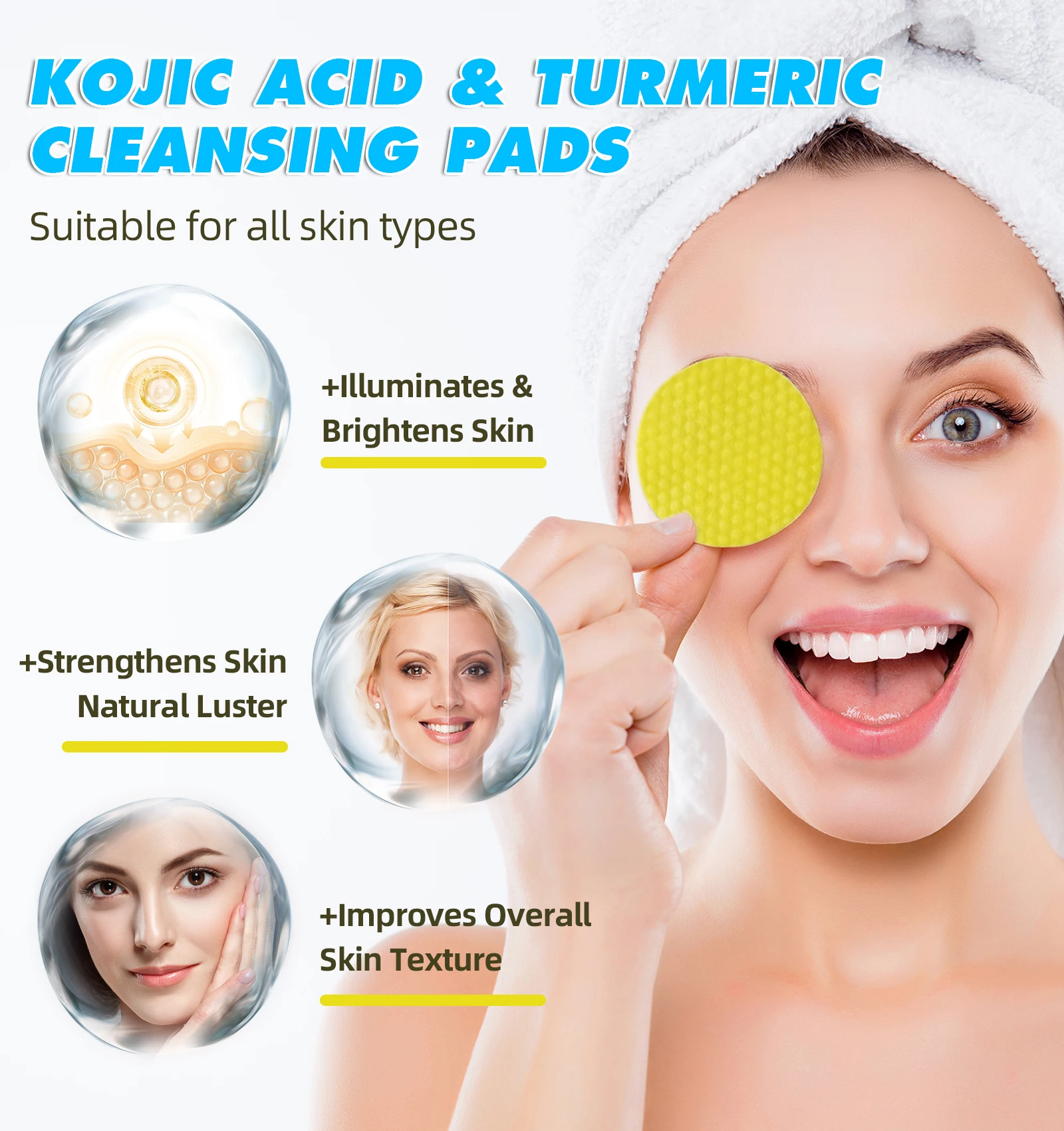 Ikzee 60 Pads Face Wash Products Turmeric Cleansing Pads and Whitening Exfoliating Kojic Acid Face Cleanser Pad for Acne Pore