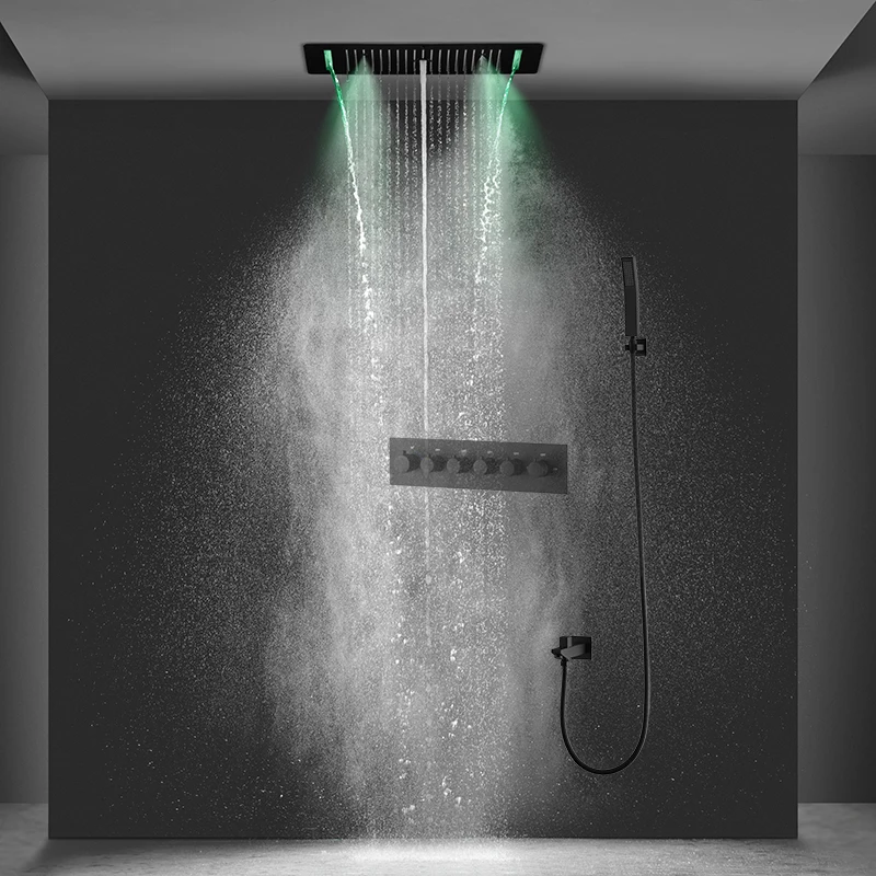 Bathroom Matt black Shower Set Waterfall Rainfall Massage Ceiling LED Shower Head Panel With Thermostatic Mixer Diverter Faucets