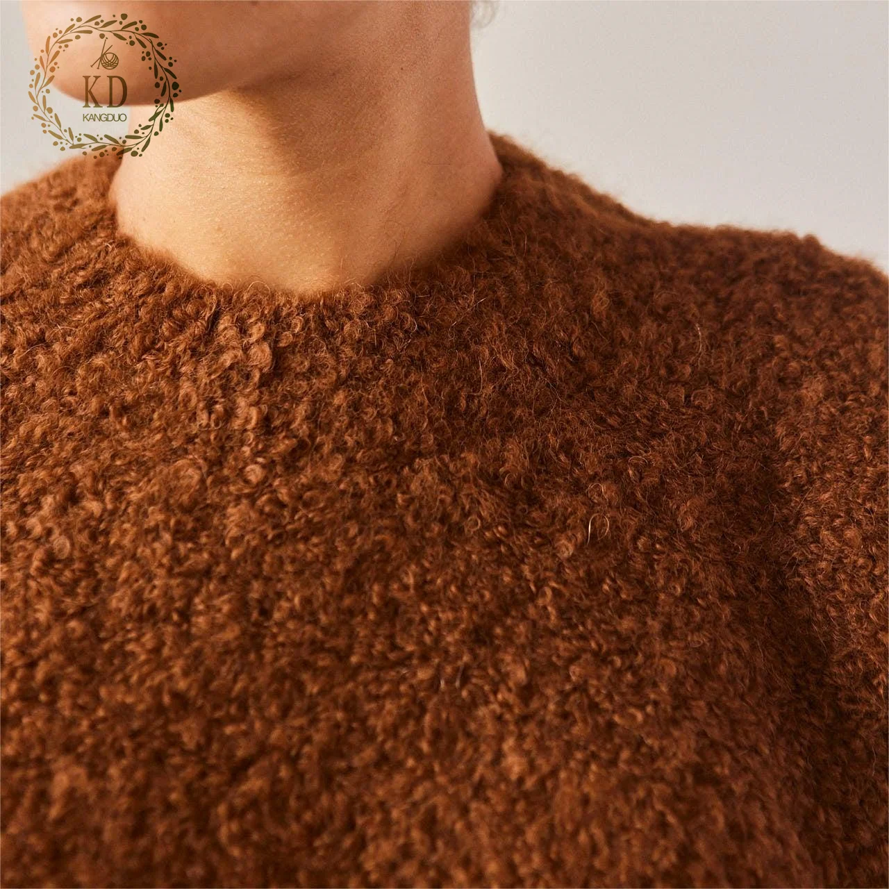 KD Knitwear Manufacturer Customizable Embroidered Jacquard Pattern Logo Round Neck Long Sleeves Boucle Yarn Women Sweater