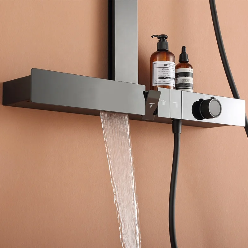 Factory stock brass black piano keys Wall mounted multifunctional thermostatic rainfall  bath shower faucets