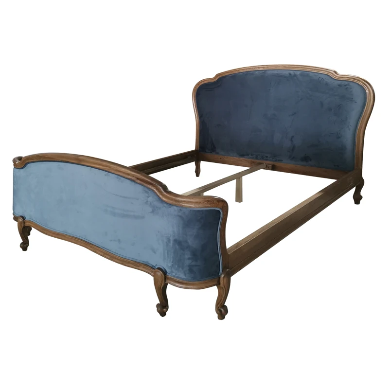 French design hotel blue luxury super king size solid wood wing back bedroom furnitures upholstered frame velvet bed
