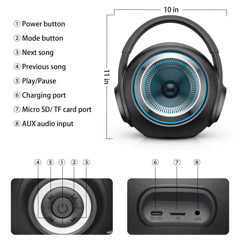 Factory Indoor Outdoor Speaker with Handle Speaker LED Colorful Light Surround Sound Wireless Built-in Mic Speaker
