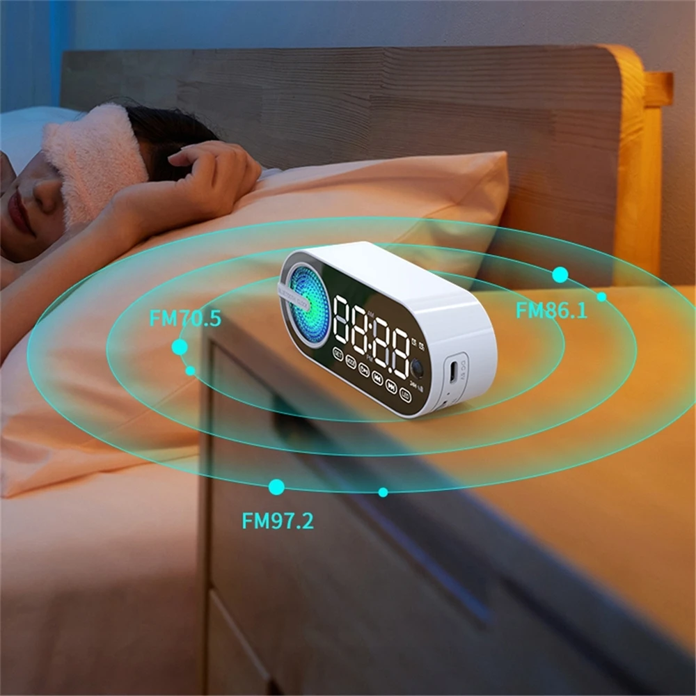Hot Selling Wireless Mini Portable Home Speaker Alarm Clock With FM Radio Led Surround Light Loudspeakers Blue tooth Speakers