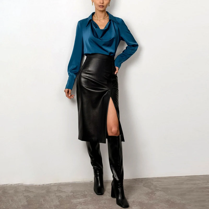 Custom High Waist Lady Sexy Slit Midi Long Pu Leather Skirt For Women