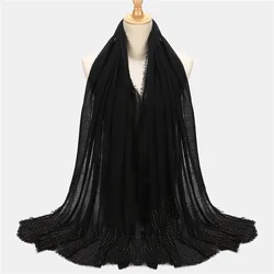 Wholesale Solid Large Soft Cotton Voile Hijab With Stones Muslim Women Crinkle Cotton Beaded Scarves