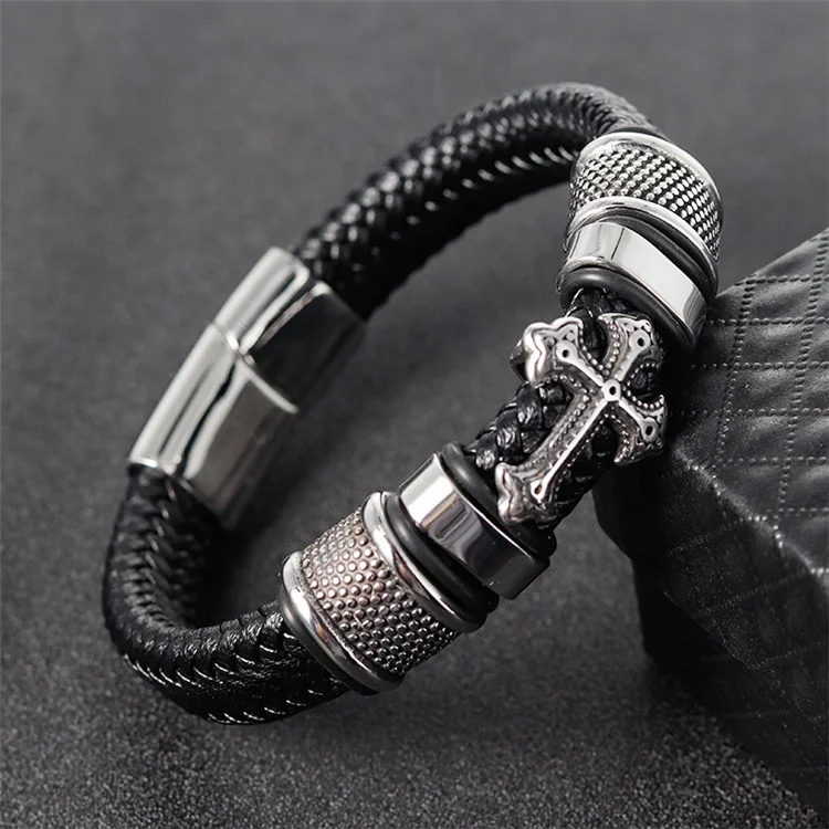 Punk Style Stainless Steel Cross Magnet Clasp Braided Genuine Leather Bracelet Pulsera Acero Inoxidable Hombre