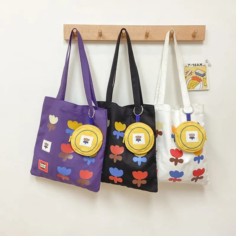 Rainbow color flowers big double handle tote bag cotton canvas shoulder bag with thick fabric strap for women