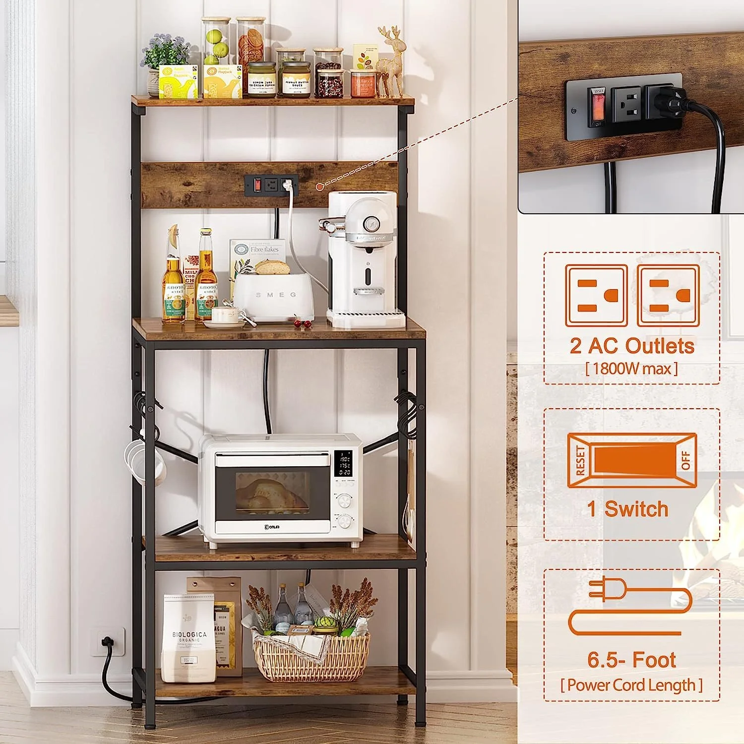 Kitchen Storage Shelf Rack for Spices, Pots and Pans Kitchen Bakers Rack with Power Outlet, Coffee Bar Table Microwave Stand