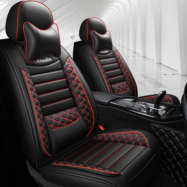 PU Leather Sweat  5 Seats Full Set Car Seat Cover Black Fine Needlework Red Line Stitching seat Cushion for car