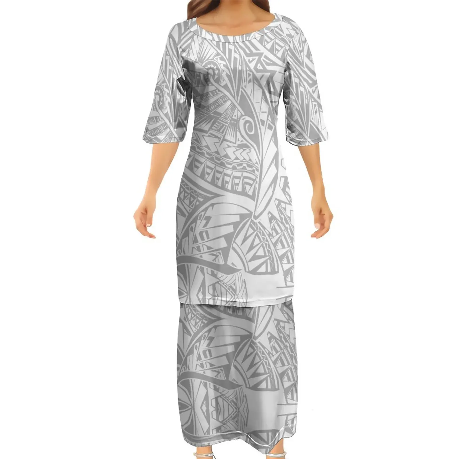 Milk Silk Polynesian Tribal Clothing Custom Puletasi Samoa Tonga Ptaha Church Top 2 Pc Skirt Set White Sunday Long Maxi Dresses