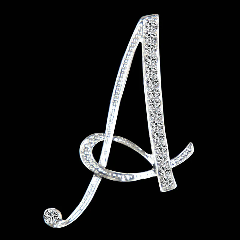 A-Z 26 Letters Pins Brooches Silver Plated Metal Broaches Pins-Clear Crystal Initial Breast pin