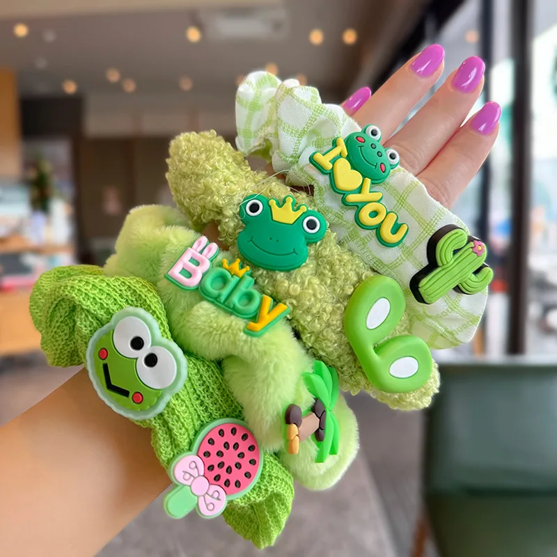 2023 sweet colorful frog hair girls accessories hot sale hairy bow tie hair ties elastic hair bands