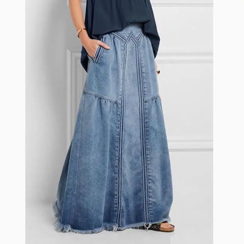 Wholesale Custom Cotton Ladies Blue Denim Long Jean Skirts Women A Line Casual Denim Maxi Skirt For Women