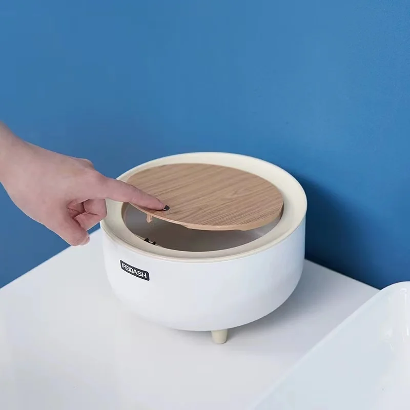 Eco Friendly Press type simple Household Table Round squared white Trash Can with wooden Lid