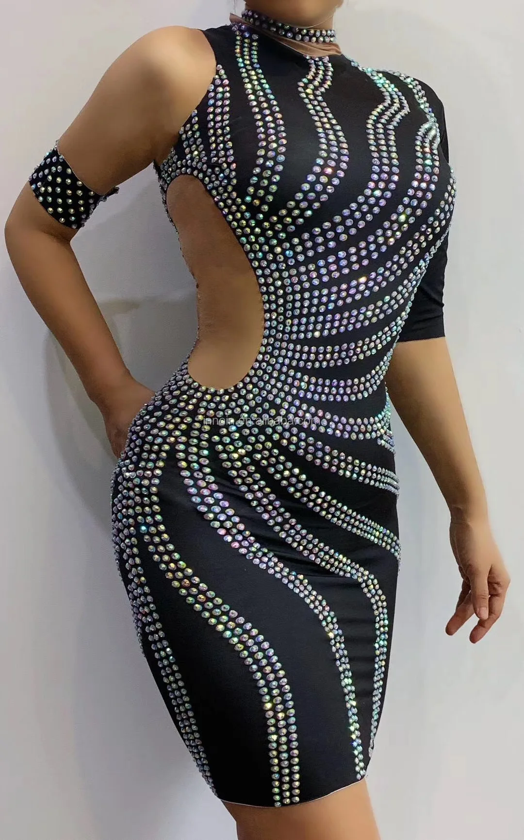 Women Sexy Stage Shining Sliver Rhinestone Dress Birthday Prom Celebrate Long Sleeves Dress Evening Dance Stretch Costume