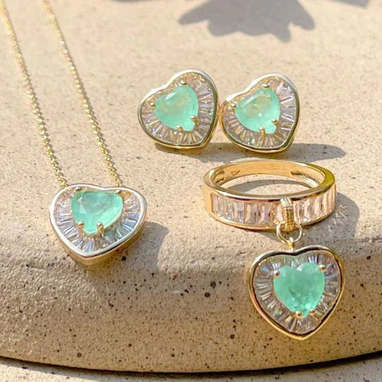 Aotu wholesale conjuntos de jias paraiba tourmaline zirconia semijoia fusion heart jewelry sets