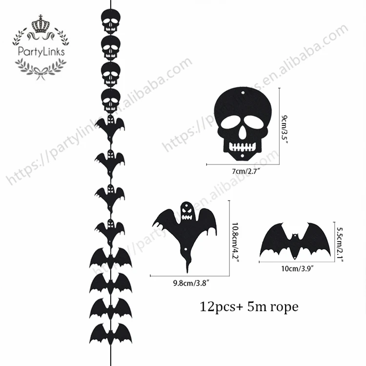 1 Set Halloween Black Bat Skull Ghost Felt Hanging String Ornament For Wall Door Home Decor Halloween Party Decoration Garland