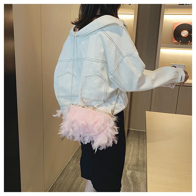 Feather hair handbag pearls chain girls fashion tote bag metal chain shoulder bag