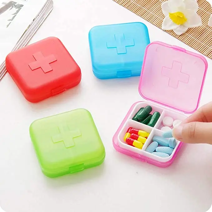 Square Pill Organizer Box 4 Compartment Travel Medication Carry case Container - A Daily Pillbox Dispenser Reminder for Vitamin