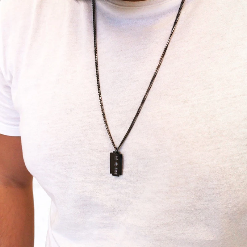 Stainless Steel Chain Black Plated Razor Blade  Charm Necklace For Men