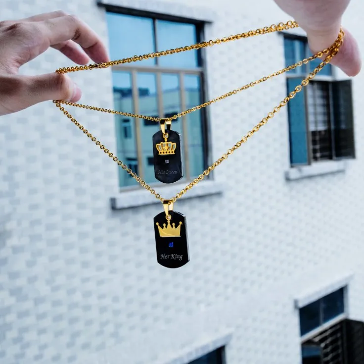 Black Gold Stainless Steel Unisex King & Queen Necklace His Queen and Her King Pendant for Children