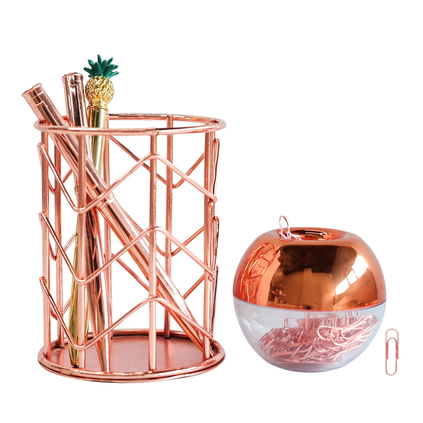 Desktop Rose Gold Metal Hollow Out Pen Holder/ Paper Clips Holder Stationery Set