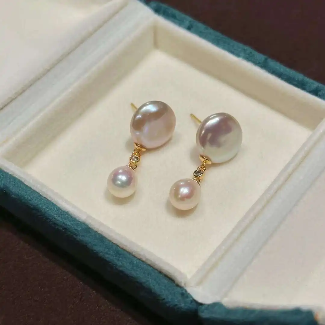 Button Queen Earrings Natural Strong Light Button Baroque Freshwater Pearl Earrings 7MM Natural Rice shaped Freshwater Pearl