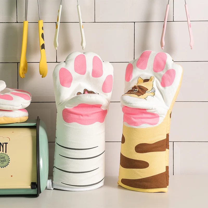 Cartoon Animal Cat Paws Oven Mitts Long Cotton Baking Insulation  Mitts Microwave Heat Resistant Non-Slip Kitchen Mitts