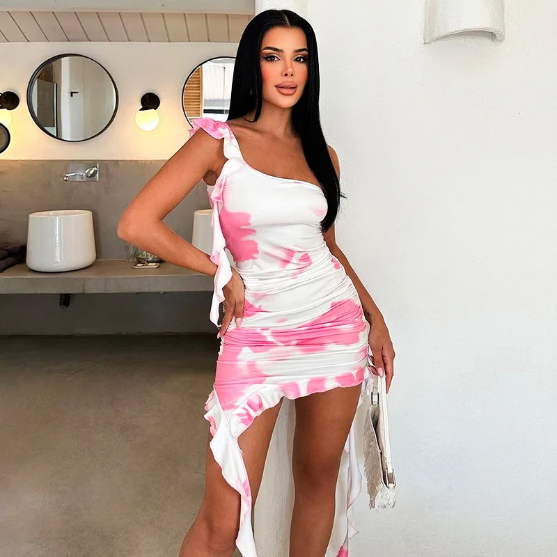 X14390C Gradient Irregular Party Dress Woman Ruffles Ribbon One Shoulder Sleeveless Concert Birthday Party Midnight Bodycon