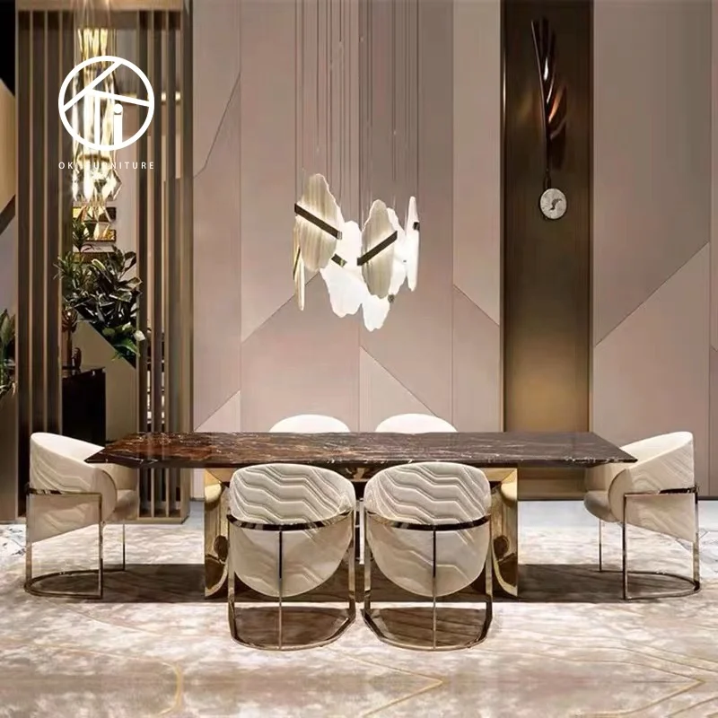 Italian Hight quality  rectangle modern dinning tables 6 chairs furniture dining room marble metal luxury dining table set