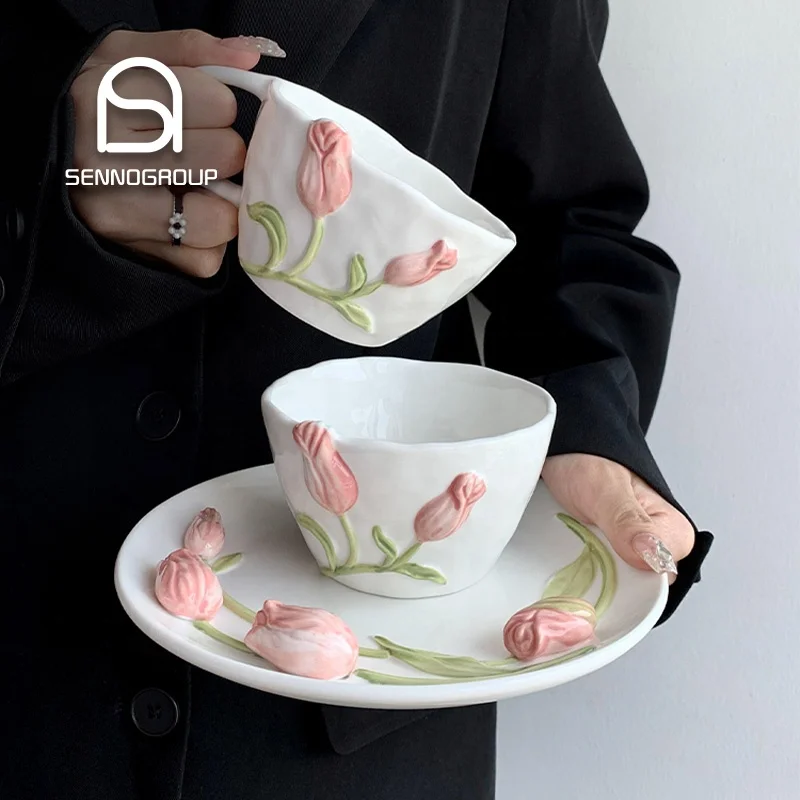 Aesthetic Coffee Mugs 3D embossed flower Ceramic mug wholesale Coffee milk Tulip ceramic cup mugs