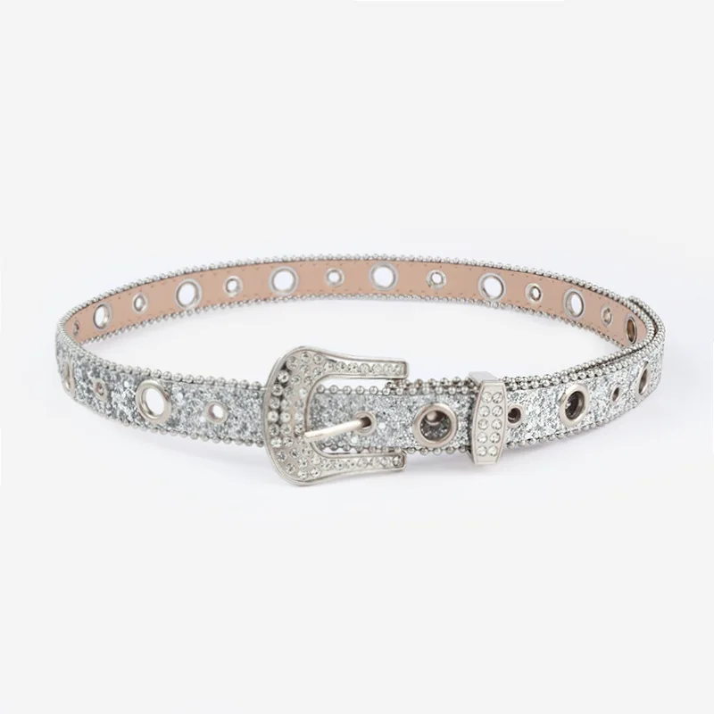 Ladies Bling Bling PU Belt Rhinestone Decorated Fashion Personality Sequins Full Drill Air Corns Hollow Out Belt