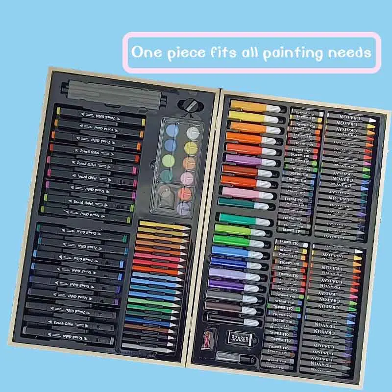 Deluxe Kids Gift Stationery Drawing Set 188pcs Wood Box Portable with marker pen Creativity Painting Art Set