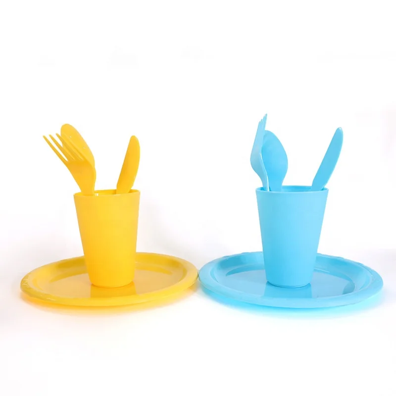 Wholesale cups plates PP dinnerware sets  Plastic tableware plastic spoon fork Knife Plastic Dinner Set Camping Tableware